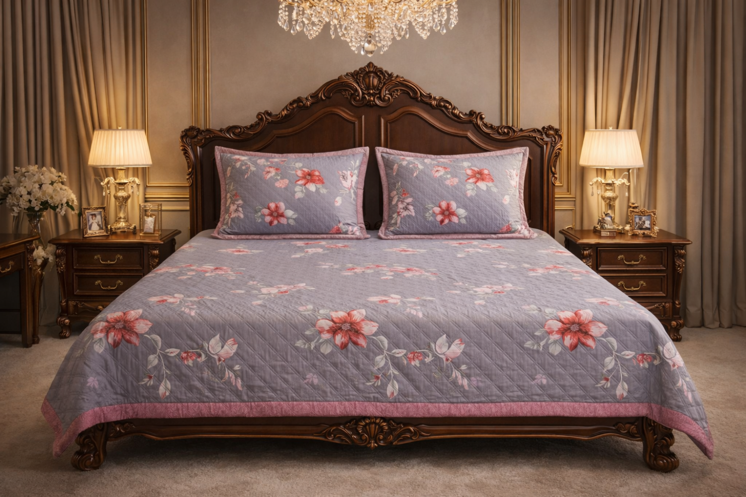 Blush Bloom Premium Luxury 450 GSM Quilted King Size Bedcover Bedspread Set