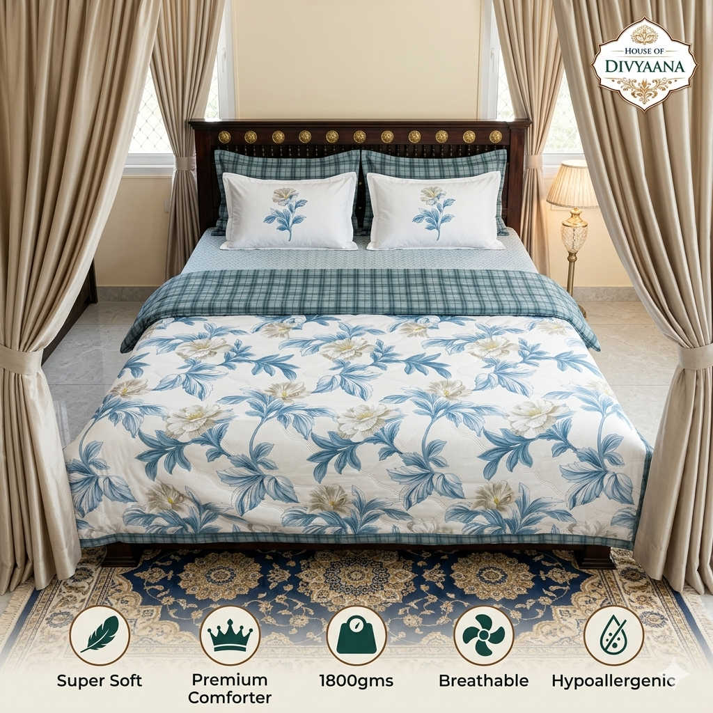 Divyaana Blue Blossom Royale Double Bed Comforter- Voilet