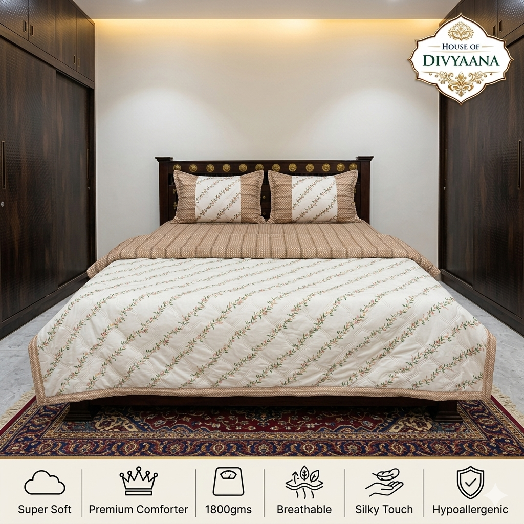 Divyaana Ivory Vine Luxe Double Bed Comforter- Voilet