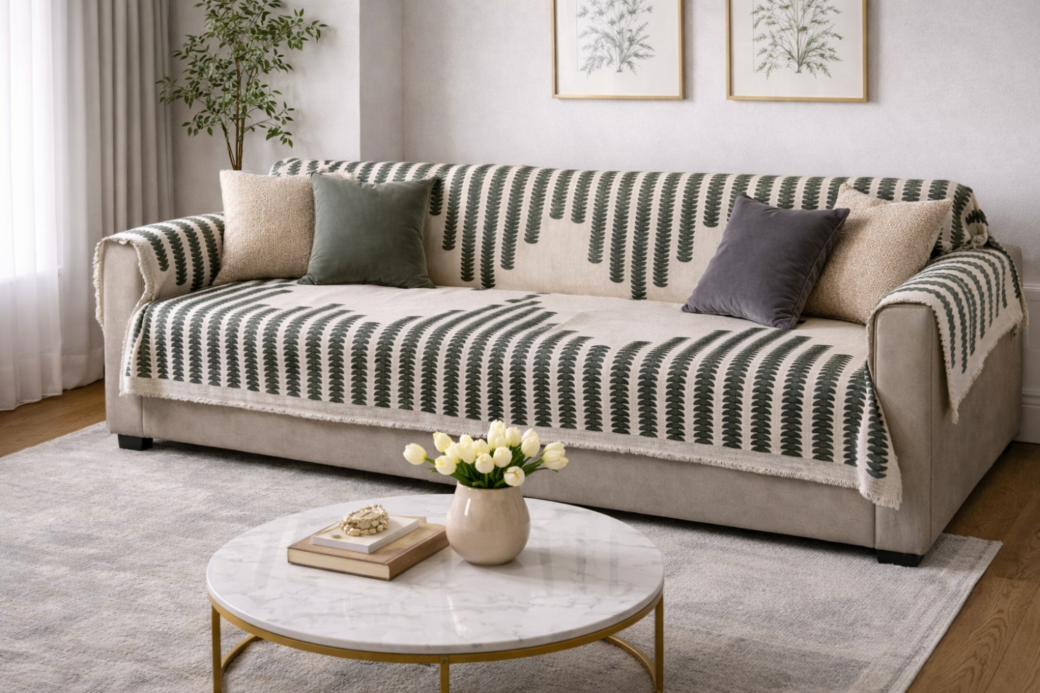 Modern Fern Pattern Chenille Sofa Throw-3 Seater